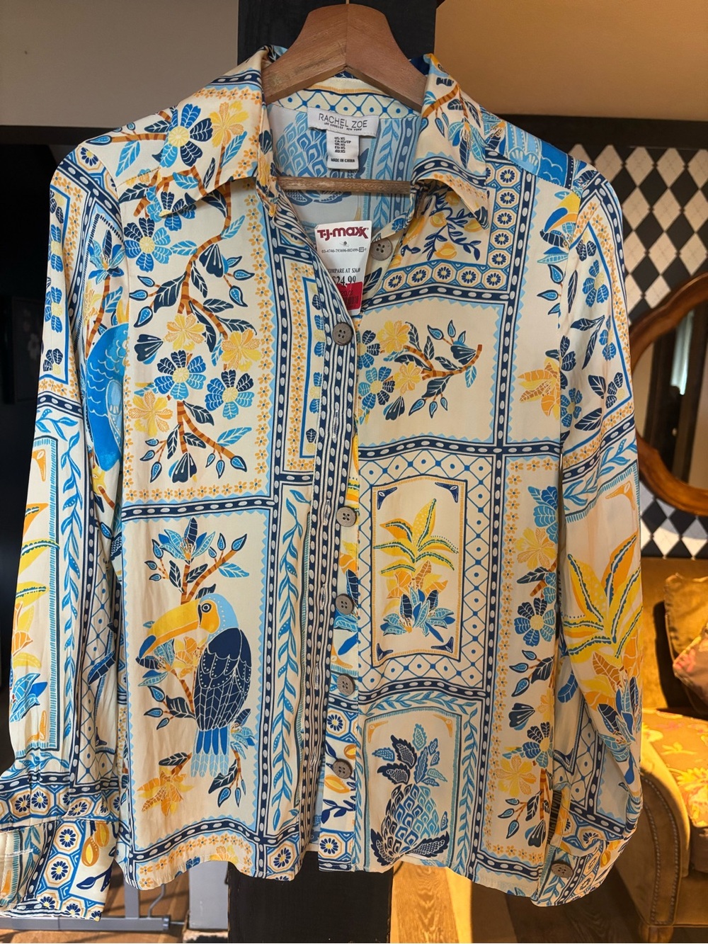 Rachel Zoe Blue and Cream Patterned Button-Down Shirt - Picture 2 of 4